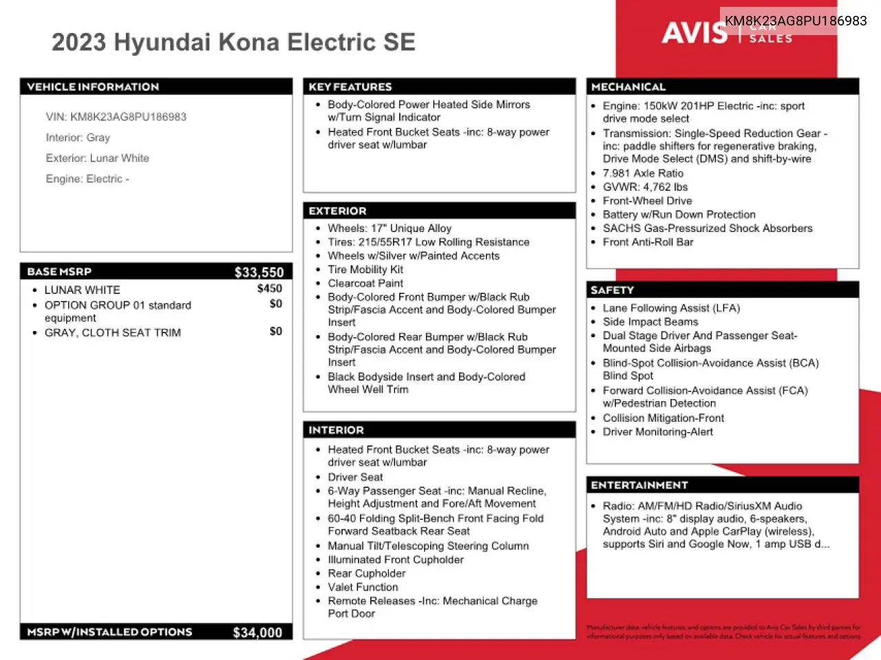 2023 Hyundai Kona Se VIN: KM8K23AG8PU186983 Lot: 63562725