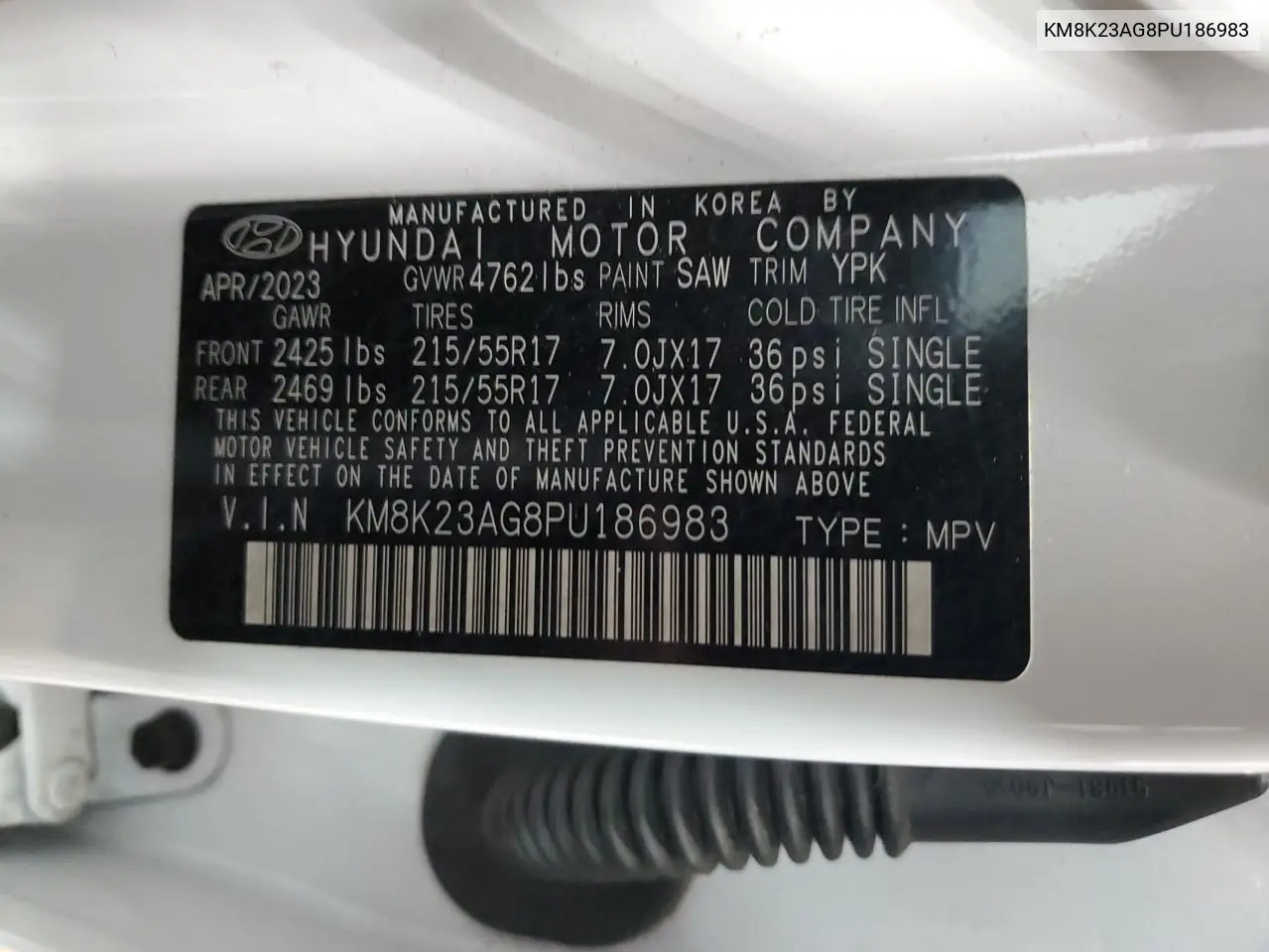 2023 Hyundai Kona Se VIN: KM8K23AG8PU186983 Lot: 63562725