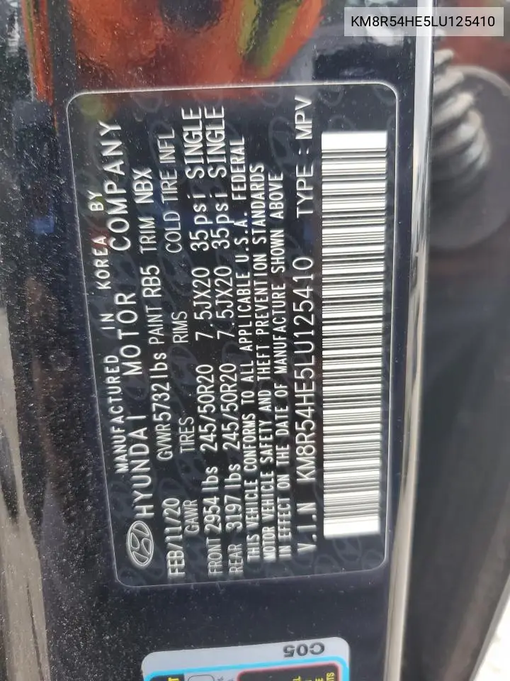 2020 Hyundai Palisade Limited VIN: KM8R54HE5LU125410 Lot: 63303495