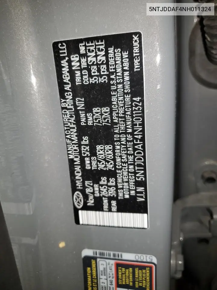 2022 Hyundai Santa Cruz Sel Premium VIN: 5NTJDDAF4NH011324 Lot: 52560425