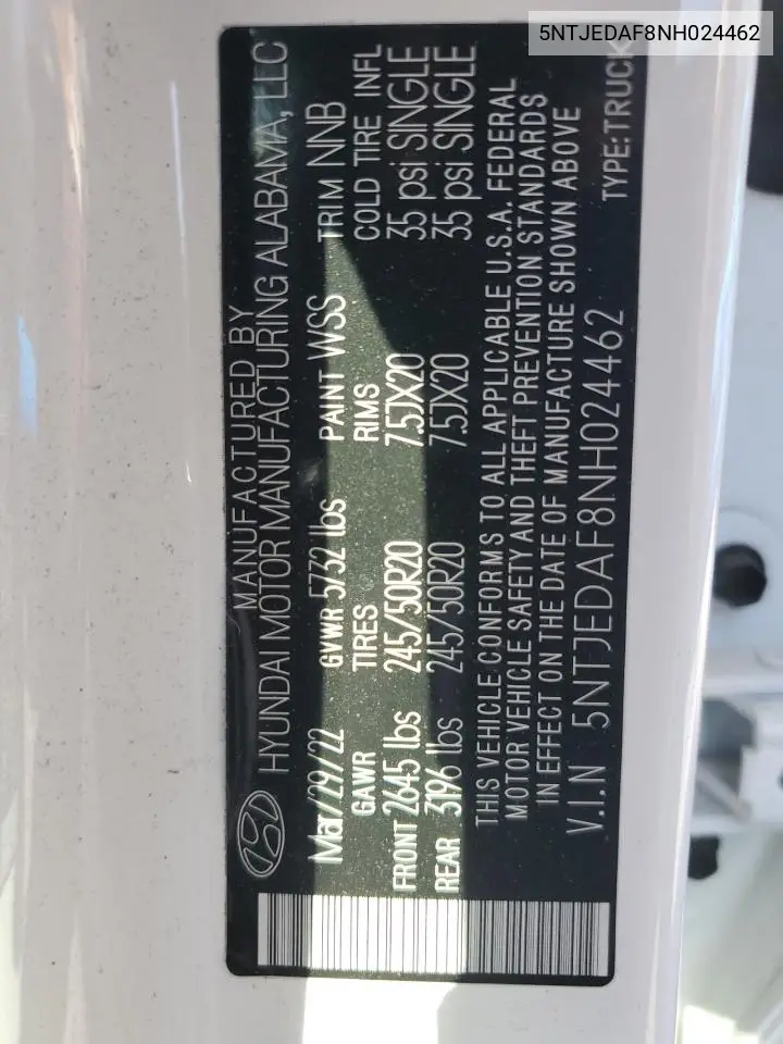 2022 Hyundai Santa Cruz Limited VIN: 5NTJEDAF8NH024462 Lot: 53758285