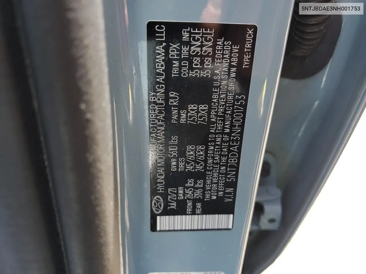 2022 Hyundai Santa Cruz Sel VIN: 5NTJBDAE3NH001753 Lot: 62223735