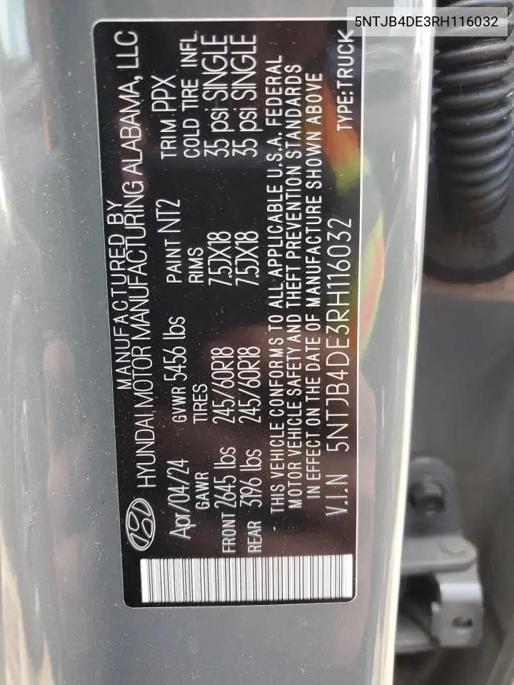 2024 Hyundai Santa Cruz Sel VIN: 5NTJB4DE3RH116032 Lot: 53509745
