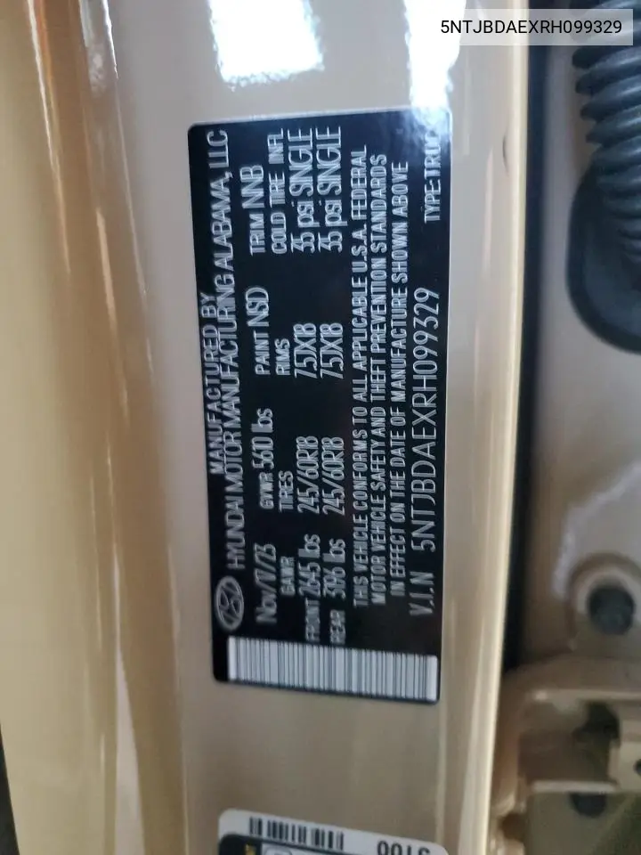 2024 Hyundai Santa Cruz Sel VIN: 5NTJBDAEXRH099329 Lot: 61415105