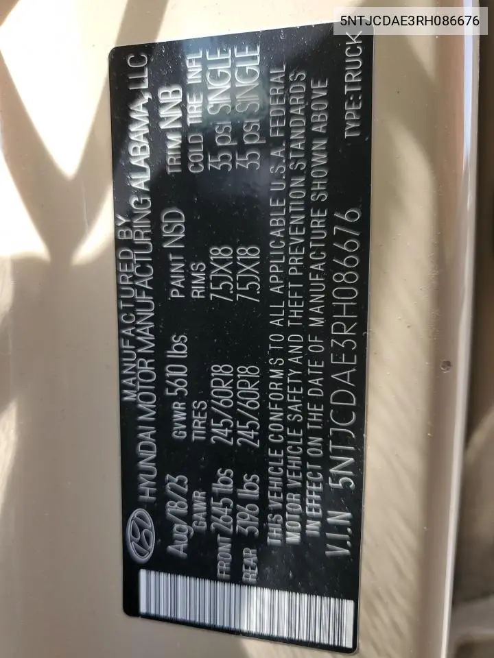 2024 Hyundai Santa Cruz Sel VIN: 5NTJCDAE3RH086676 Lot: 62397765