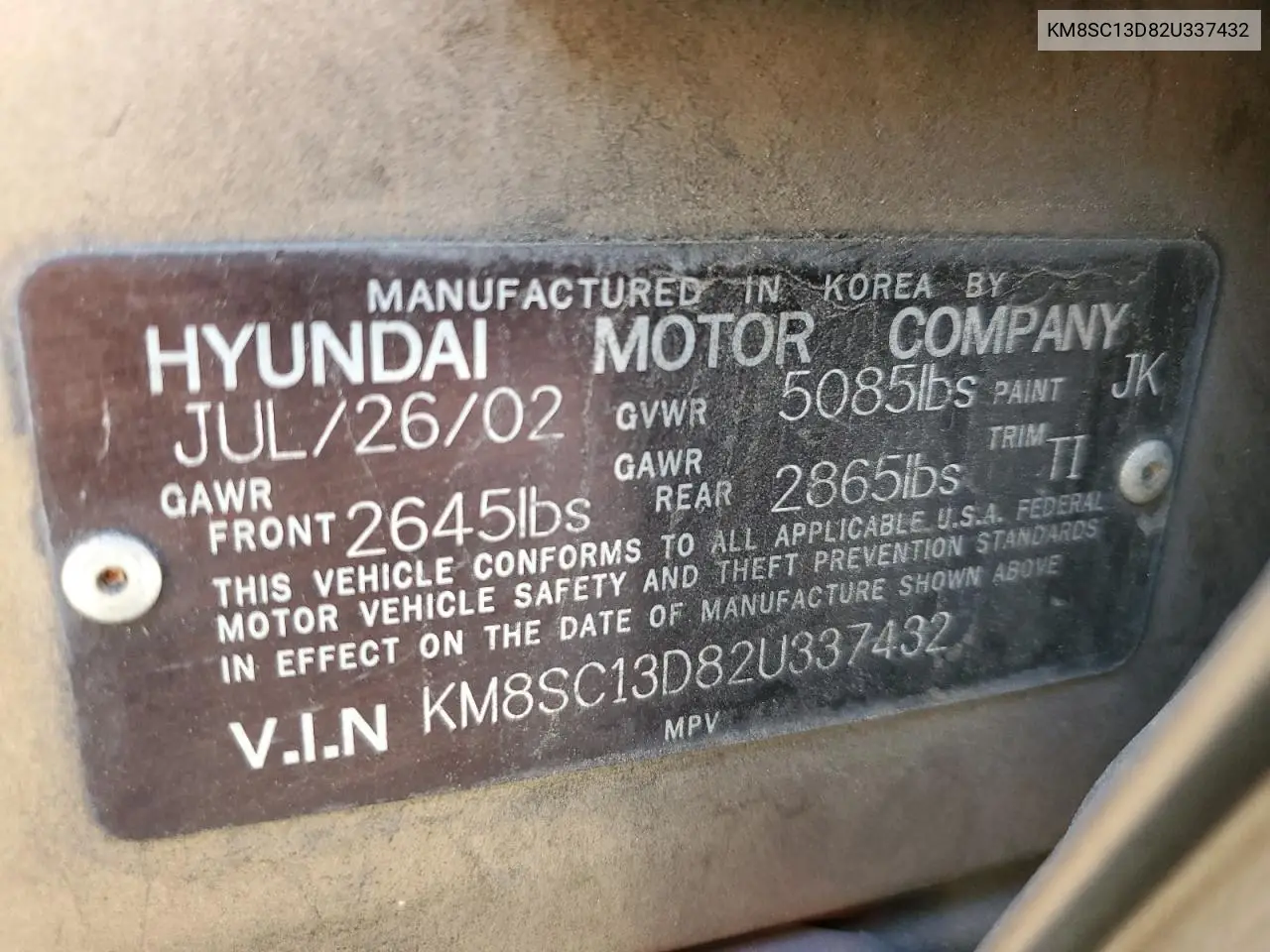 2002 Hyundai Santa Fe Gls VIN: KM8SC13D82U337432 Lot: 52958435