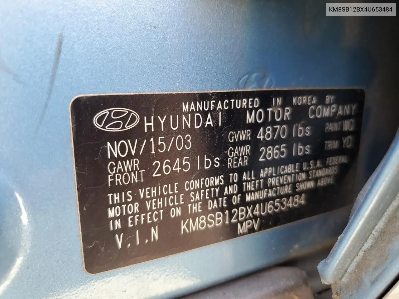 2004 Hyundai Santa Fe Gl VIN: KM8SB12BX4U653484 Lot: 55312305