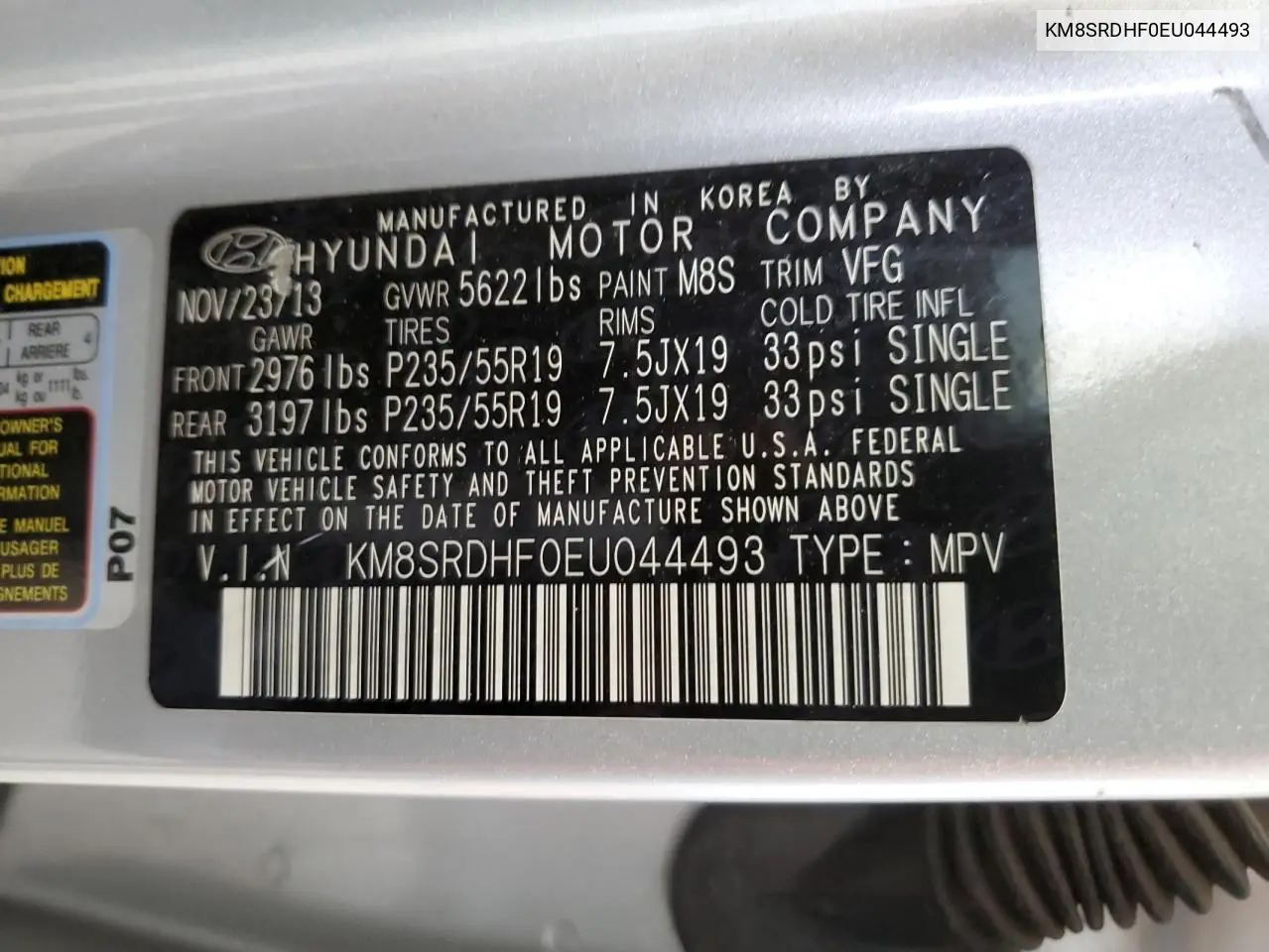 2014 Hyundai Santa Fe Gls VIN: KM8SRDHF0EU044493 Lot: 62867345