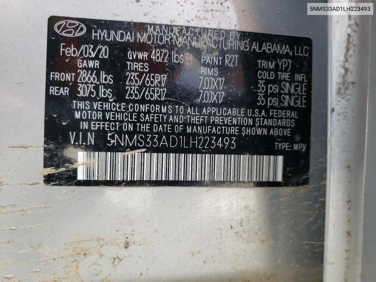 2020 Hyundai Santa Fe Sel VIN: 5NMS33AD1LH223493 Lot: 51348535