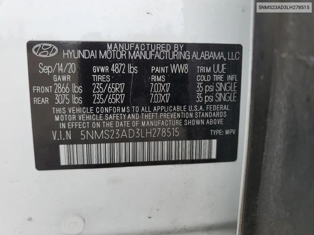 2020 Hyundai Santa Fe Se VIN: 5NMS23AD3LH278515 Lot: 52537445