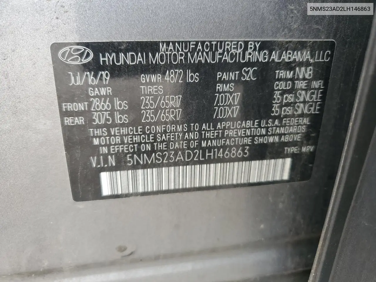 2020 Hyundai Santa Fe Se VIN: 5NMS23AD2LH146863 Lot: 62695745