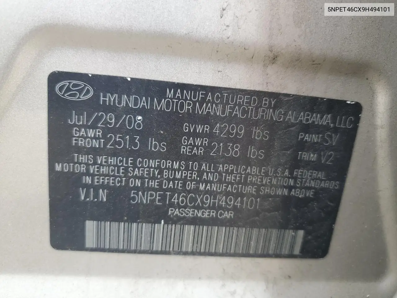 2009 Hyundai Sonata Gls VIN: 5NPET46CX9H494101 Lot: 56798575