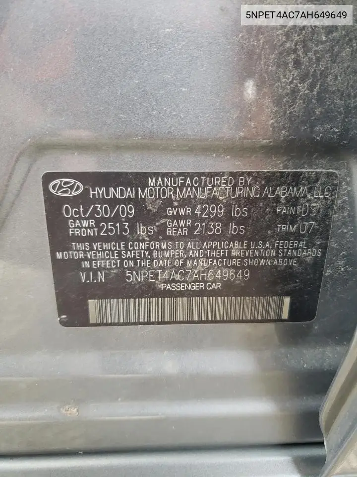 2010 Hyundai Sonata Gls VIN: 5NPET4AC7AH649649 Lot: 62767935