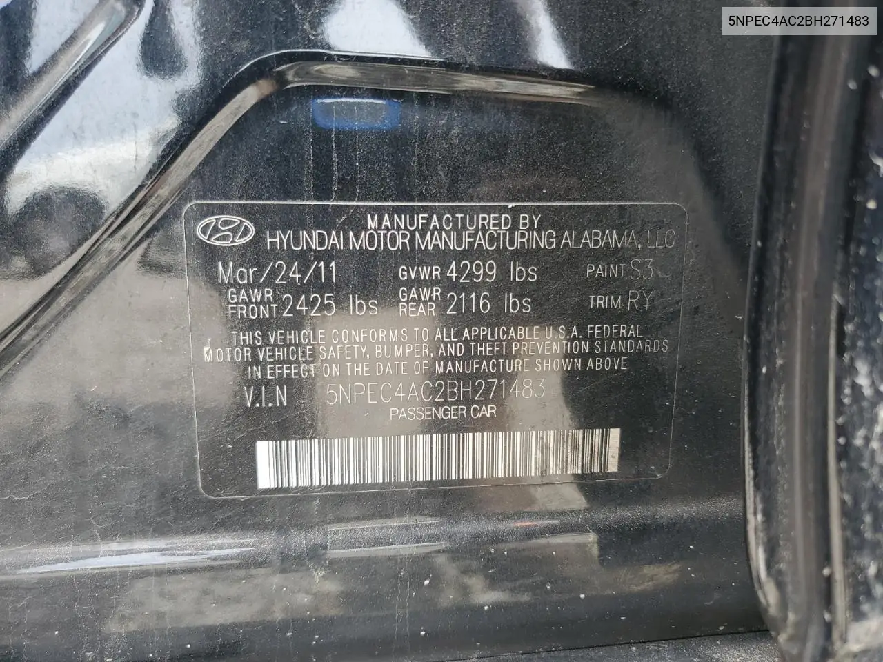 2011 Hyundai Sonata Se VIN: 5NPEC4AC2BH271483 Lot: 62955945