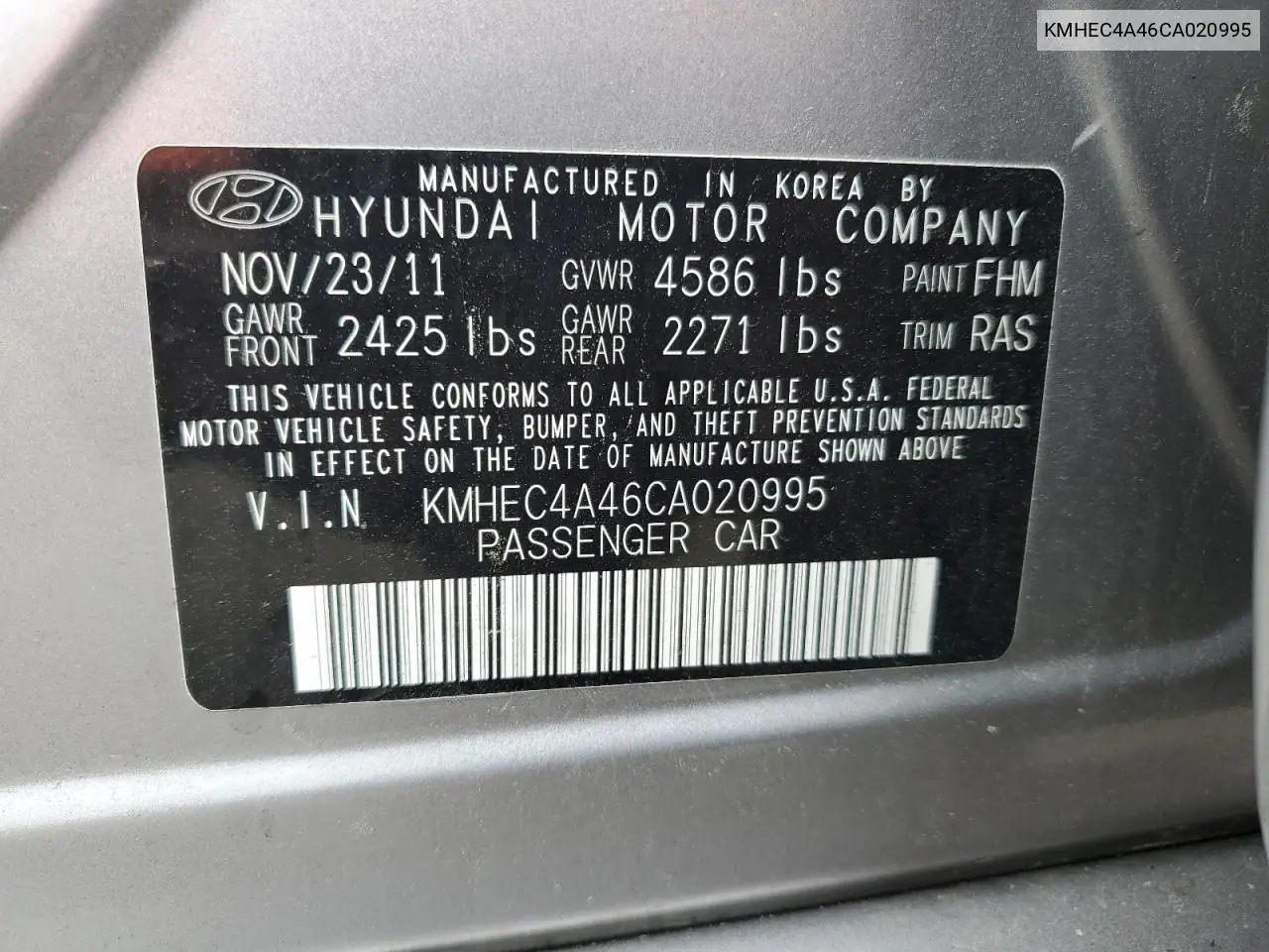 2012 Hyundai Sonata Hybrid VIN: KMHEC4A46CA020995 Lot: 61291205