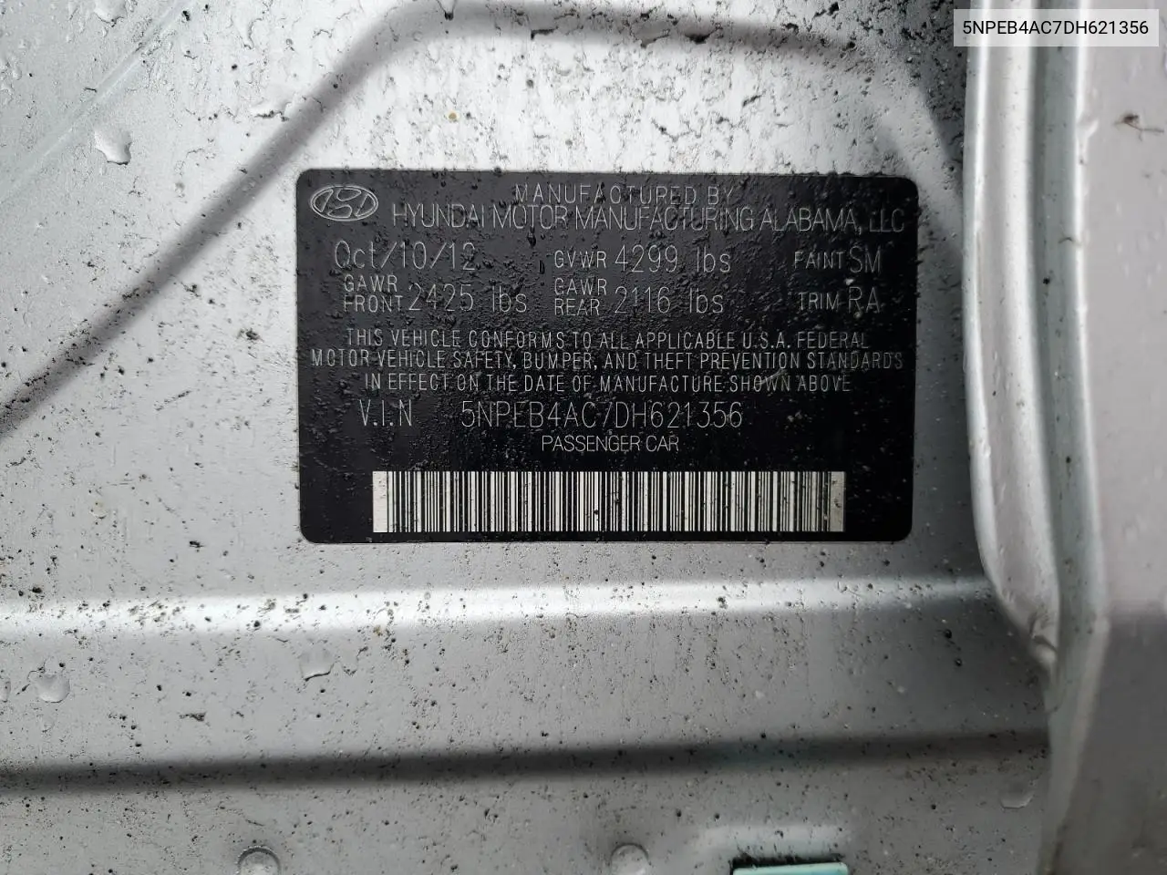 2013 Hyundai Sonata Gls VIN: 5NPEB4AC7DH621356 Lot: 49237365
