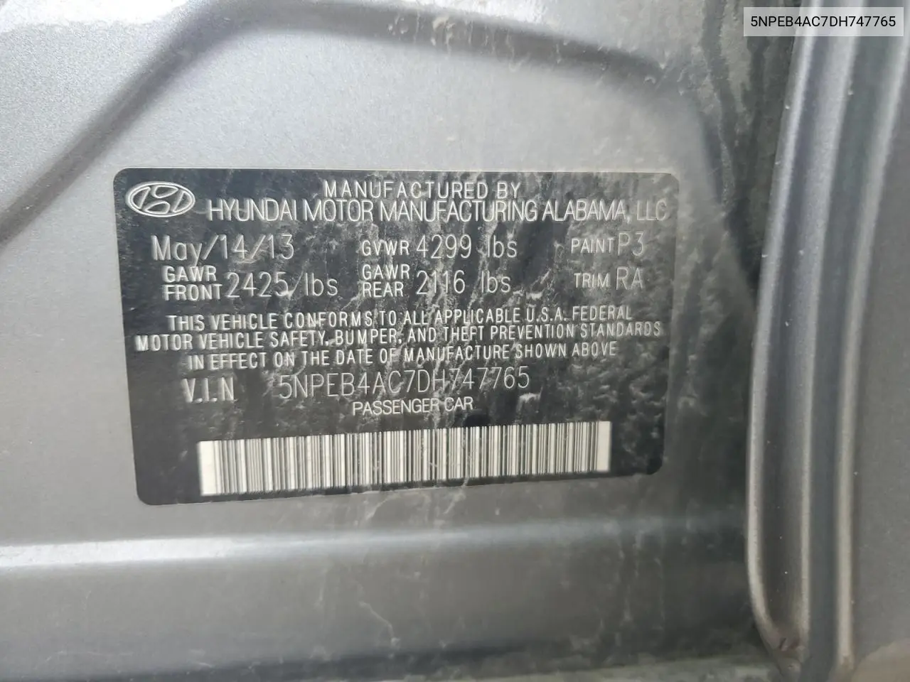 2013 Hyundai Sonata Gls VIN: 5NPEB4AC7DH747765 Lot: 55828495