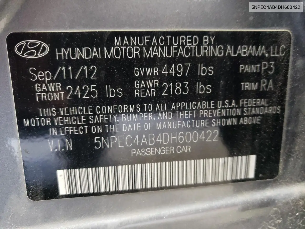 2013 Hyundai Sonata Se VIN: 5NPEC4AB4DH600422 Lot: 56736755