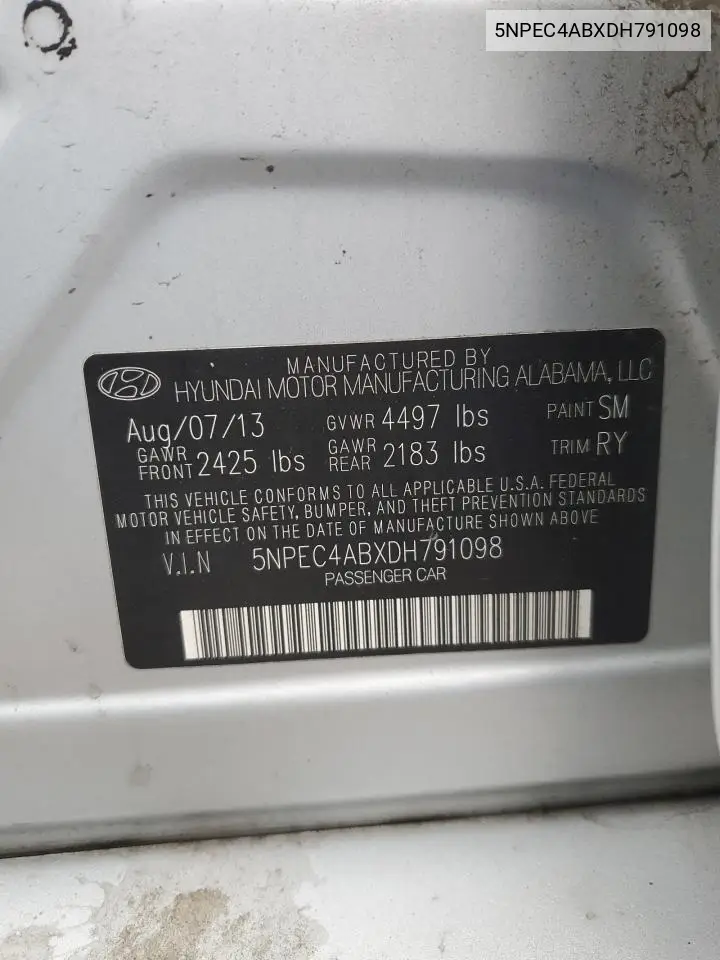 2013 Hyundai Sonata Se VIN: 5NPEC4ABXDH791098 Lot: 57029675