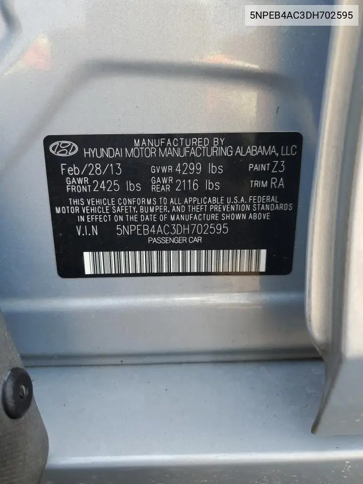 2013 Hyundai Sonata Gls VIN: 5NPEB4AC3DH702595 Lot: 59871465