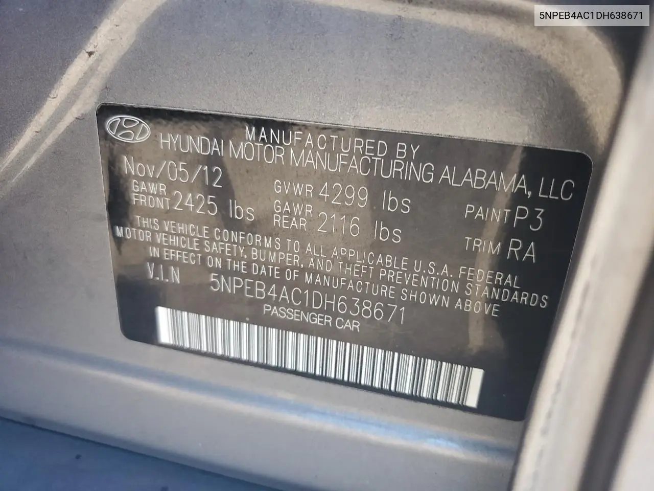 2013 Hyundai Sonata Gls VIN: 5NPEB4AC1DH638671 Lot: 62838295