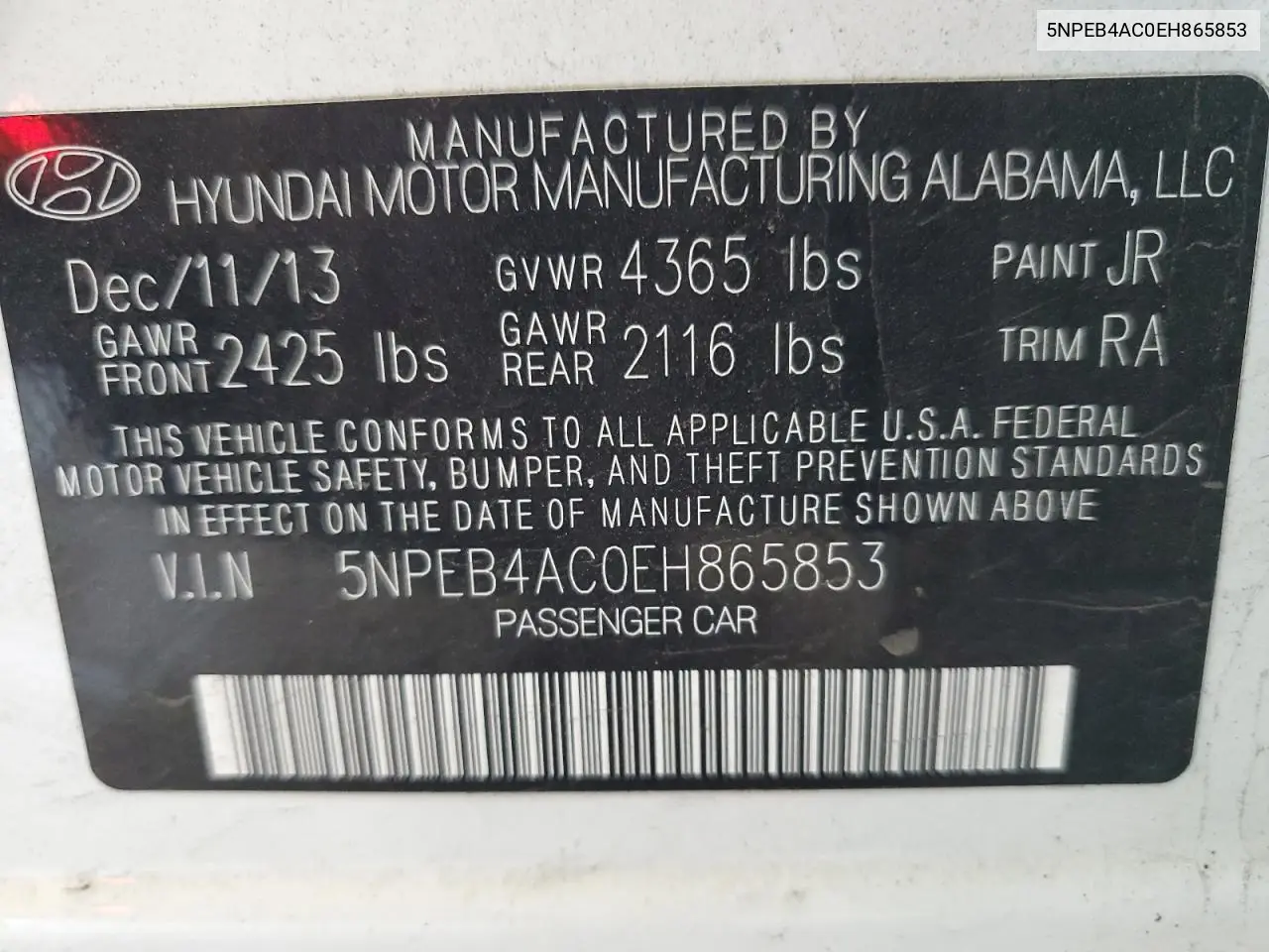 2014 Hyundai Sonata Gls VIN: 5NPEB4AC0EH865853 Lot: 56953985
