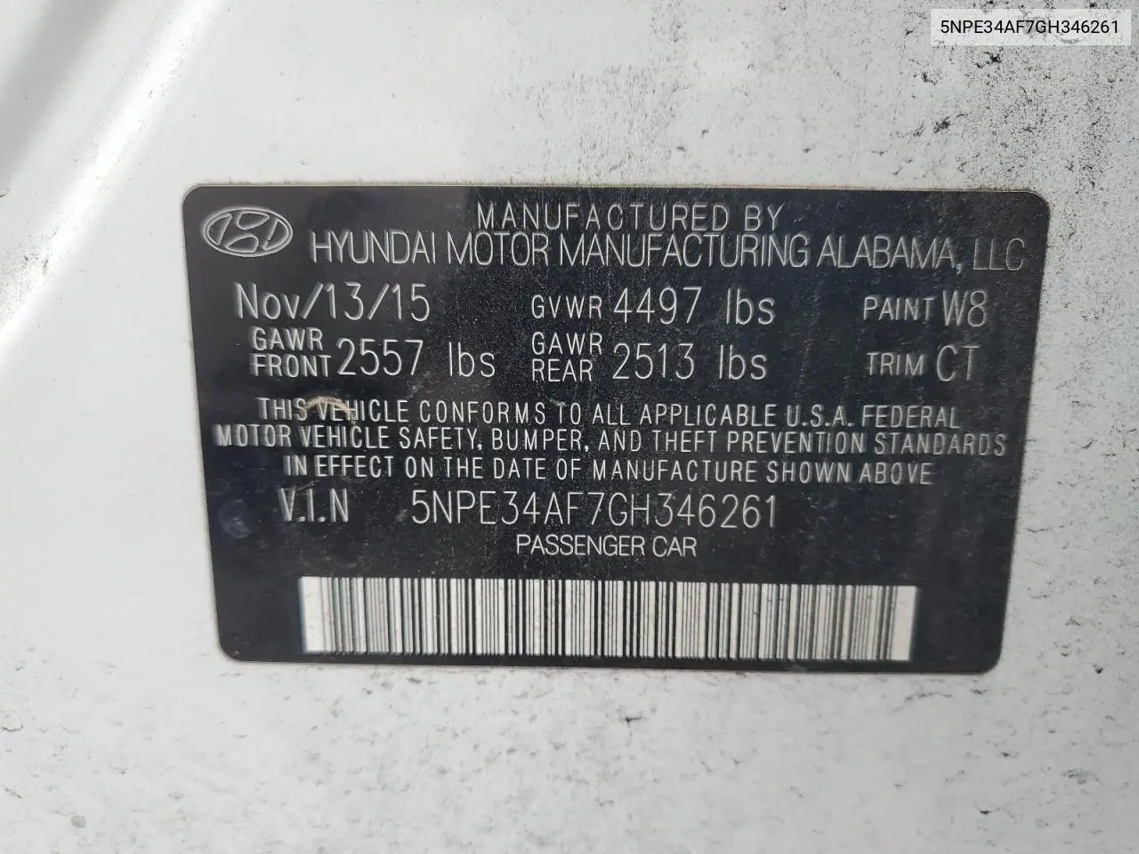2016 Hyundai Sonata Sport VIN: 5NPE34AF7GH346261 Lot: 62734565