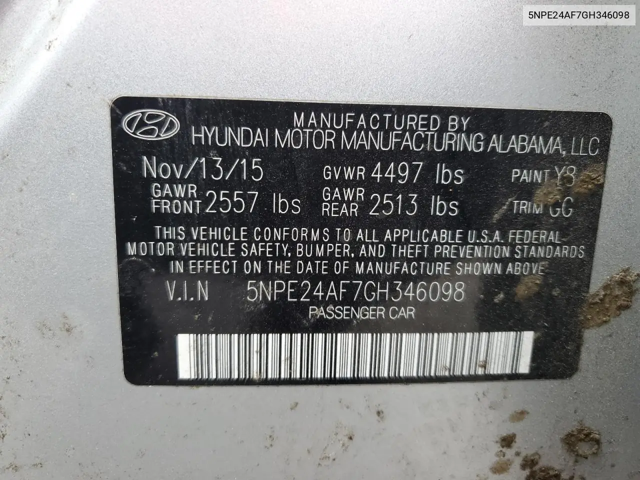 2016 Hyundai Sonata Se VIN: 5NPE24AF7GH346098 Lot: 62786635