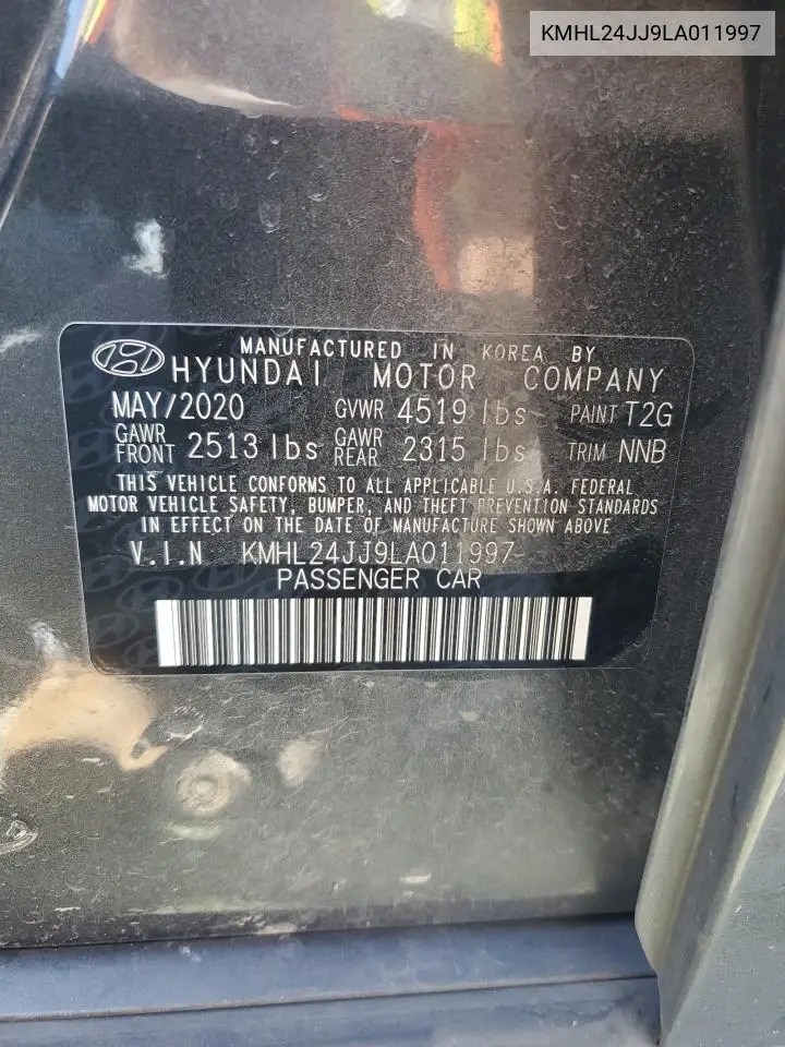 2020 Hyundai Sonata Hybrid VIN: KMHL24JJ9LA011997 Lot: 61874095