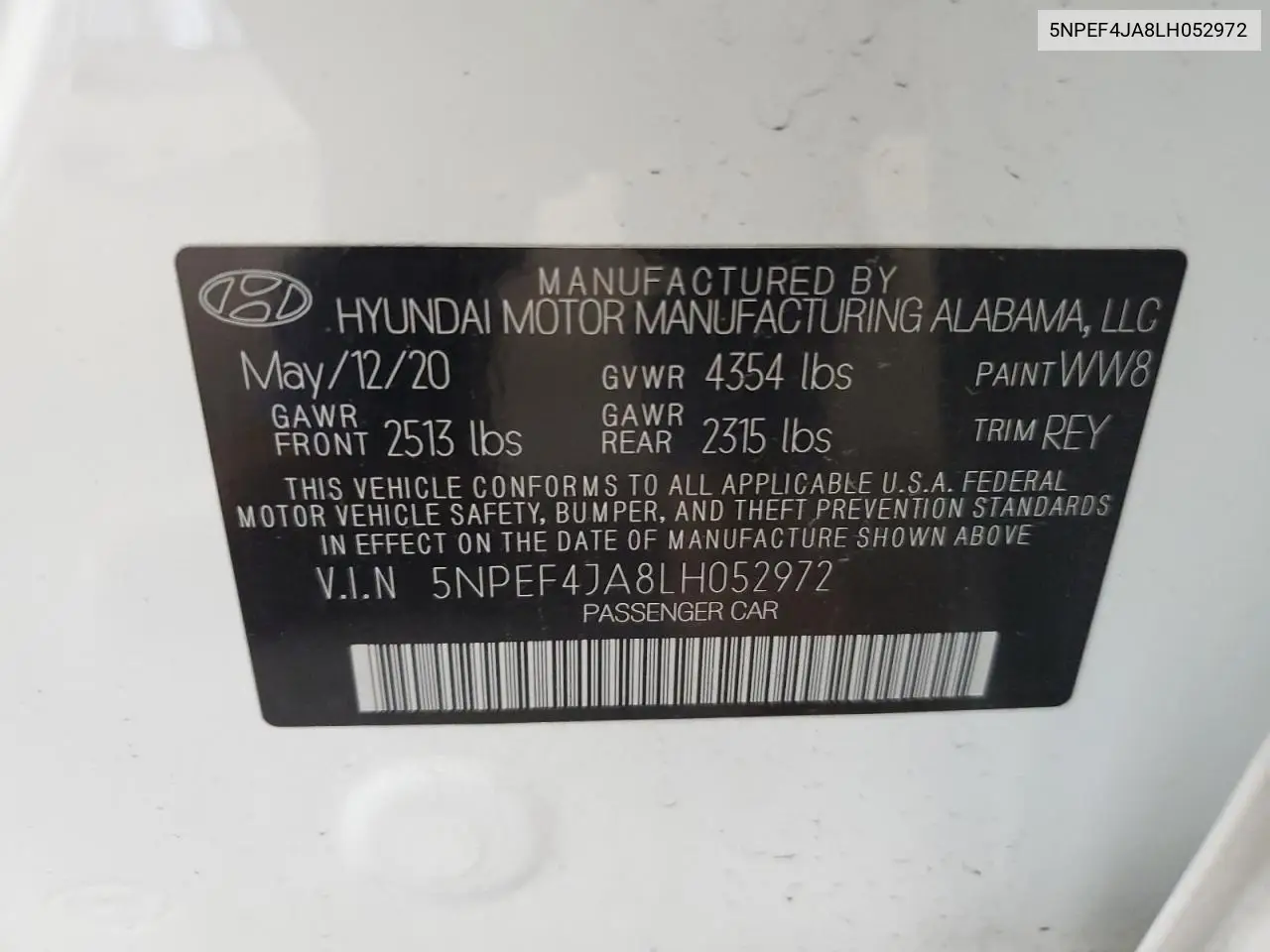 2020 Hyundai Sonata Sel VIN: 5NPEF4JA8LH052972 Lot: 62246125