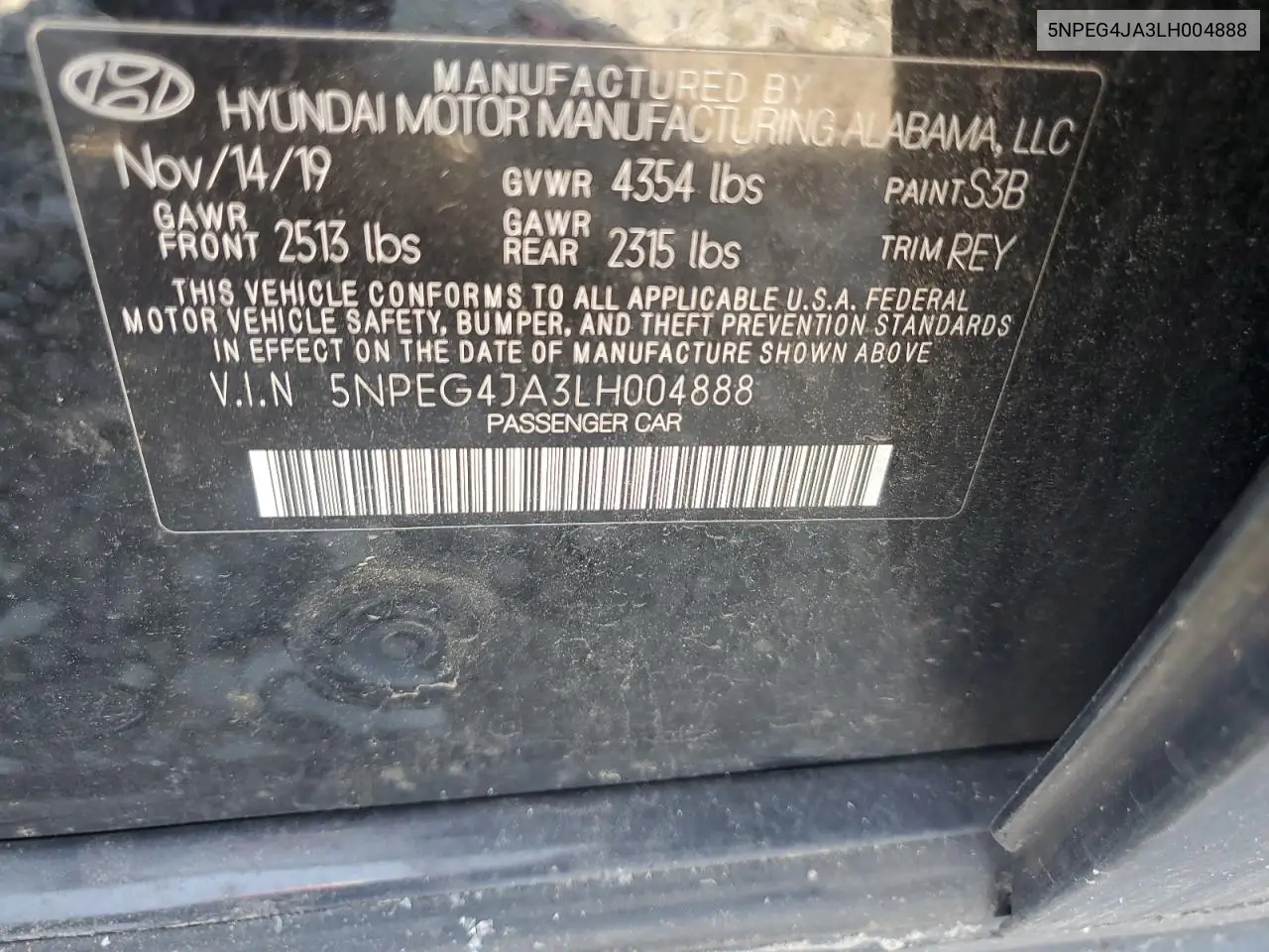 2020 Hyundai Sonata Se VIN: 5NPEG4JA3LH004888 Lot: 63501205