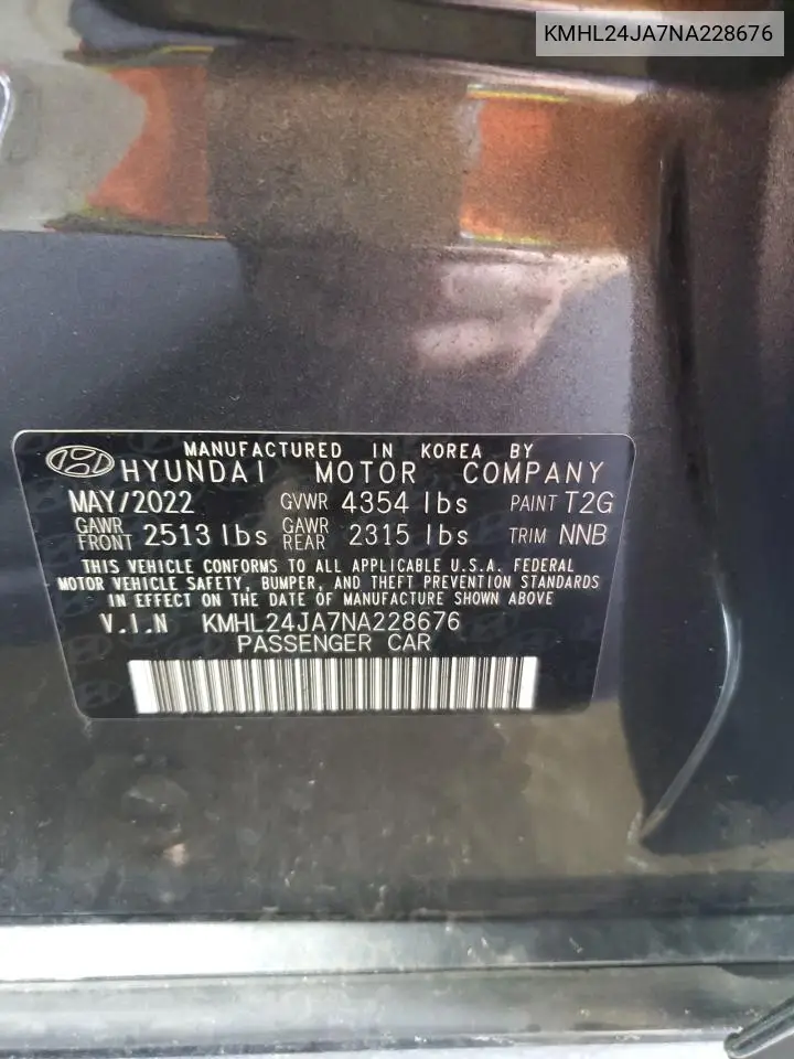 2022 Hyundai Sonata Se VIN: KMHL24JA7NA228676 Lot: 62430675