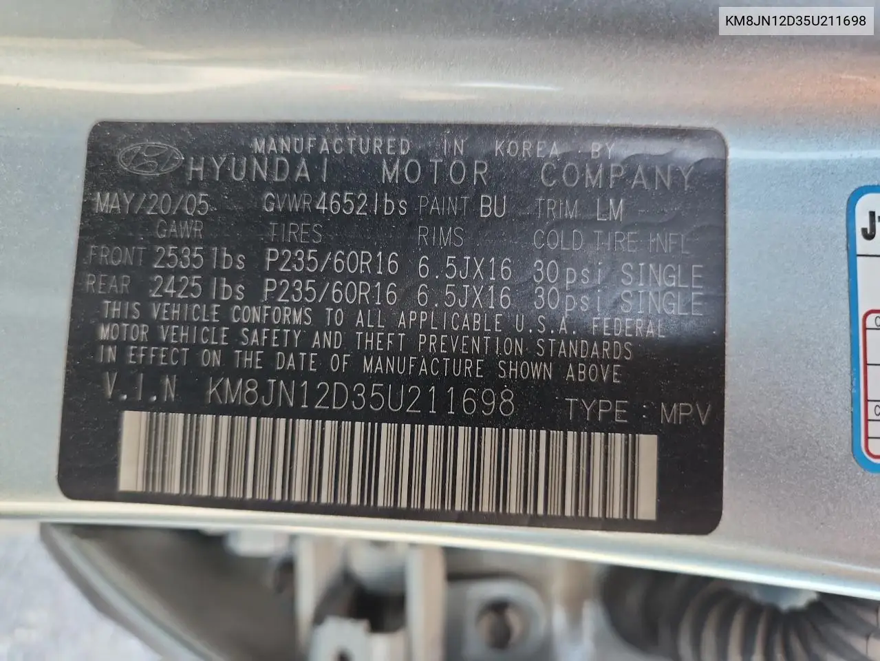 2005 Hyundai Tucson Gls VIN: KM8JN12D35U211698 Lot: 62778715