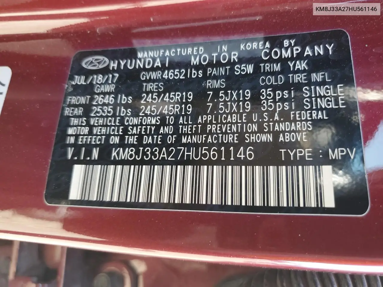 2017 Hyundai Tucson Limited VIN: KM8J33A27HU561146 Lot: 65186135