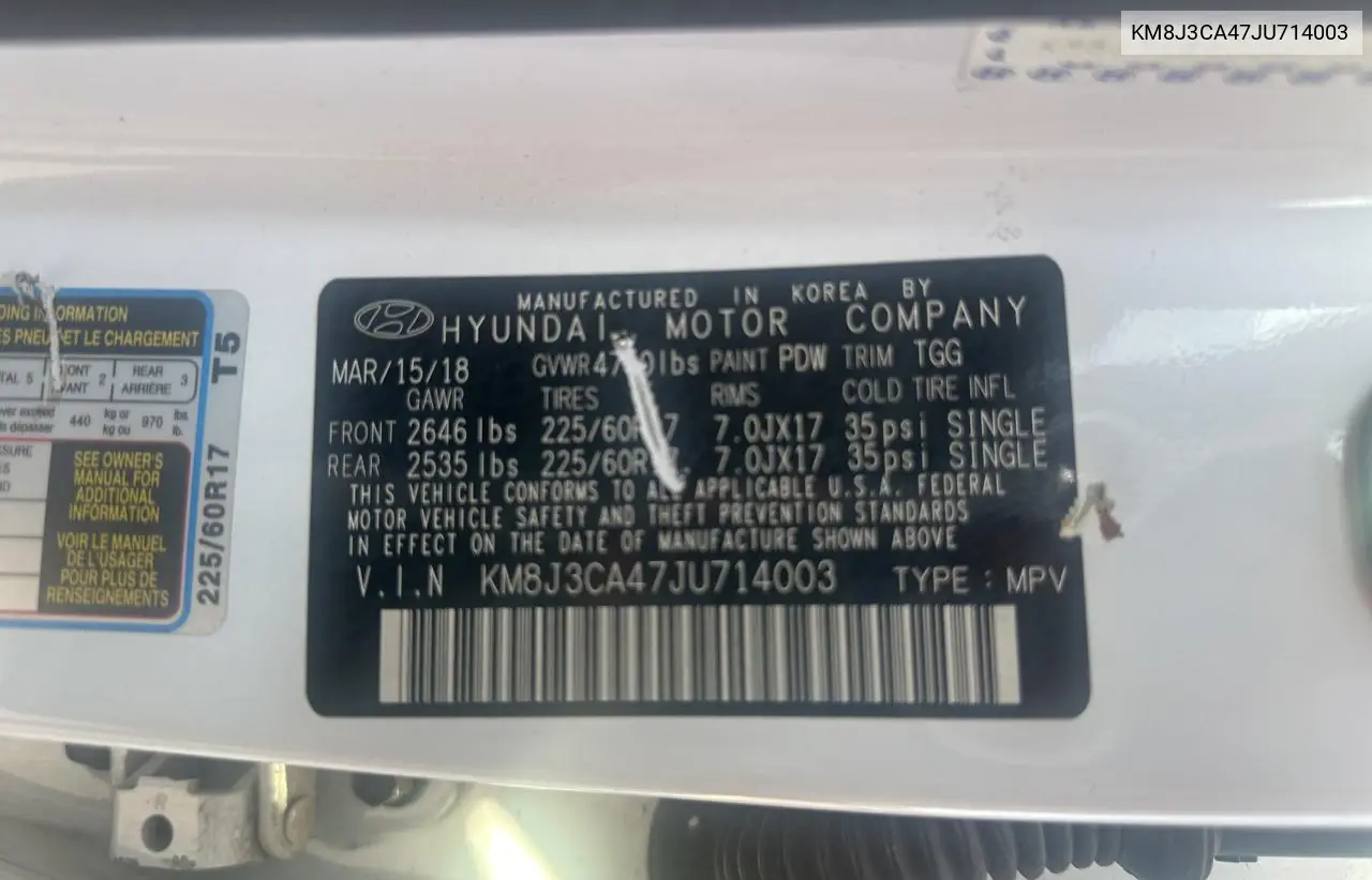 2018 Hyundai Tucson Sel VIN: KM8J3CA47JU714003 Lot: 66107135