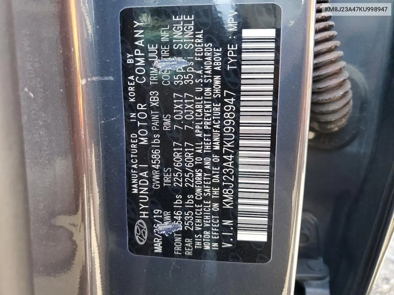 2019 Hyundai Tucson Se VIN: KM8J23A47KU998947 Lot: 56916065