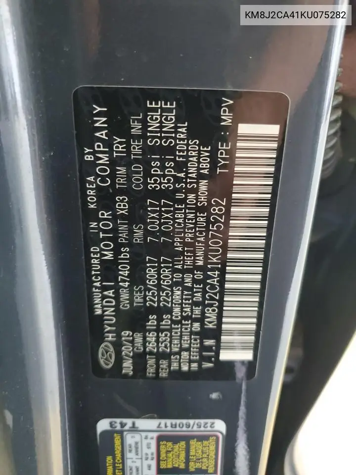 2019 Hyundai Tucson Se VIN: KM8J2CA41KU075282 Lot: 62863725