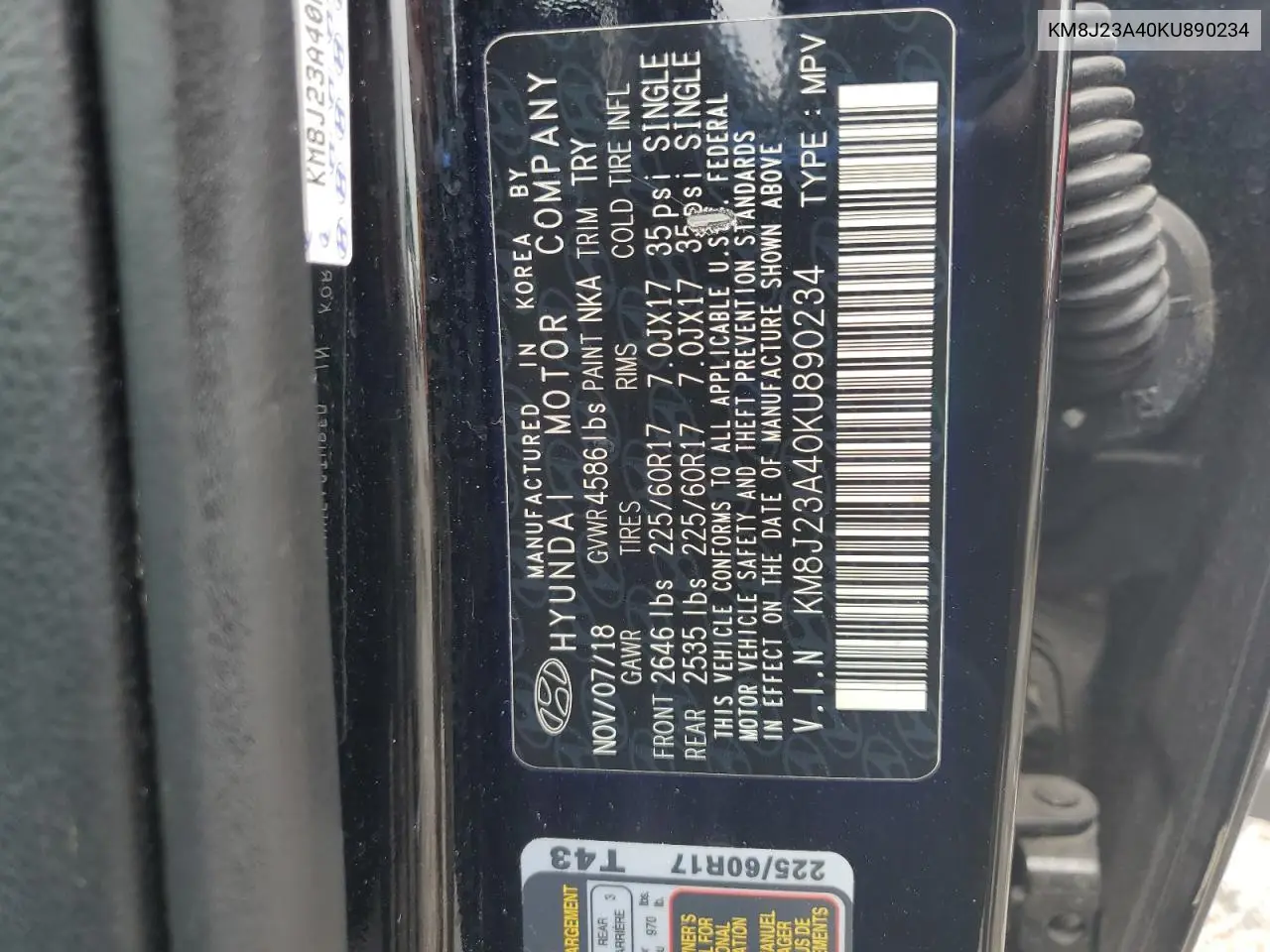 2019 Hyundai Tucson Se VIN: KM8J23A40KU890234 Lot: 62892195