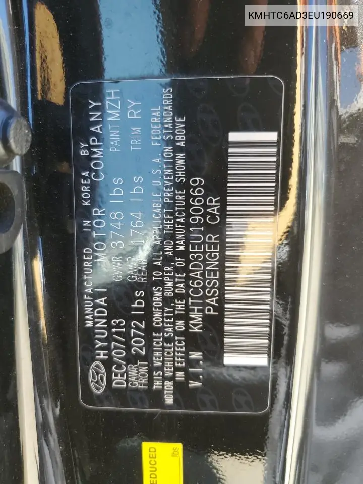 2014 Hyundai Veloster VIN: KMHTC6AD3EU190669 Lot: 65572535