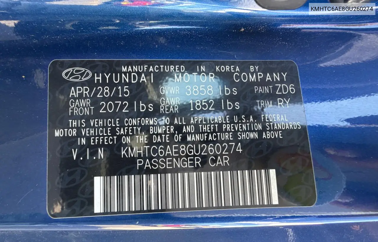 2016 Hyundai Veloster Turbo VIN: KMHTC6AE8GU260274 Lot: 66046955