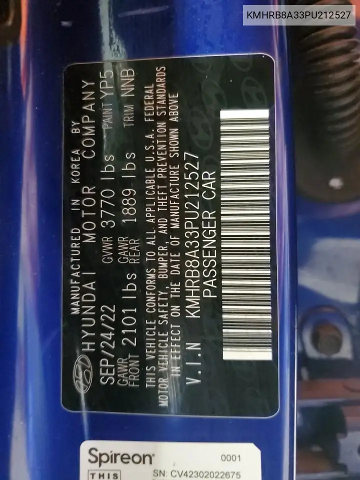 2023 Hyundai Venue Se VIN: KMHRB8A33PU212527 Lot: 62073285