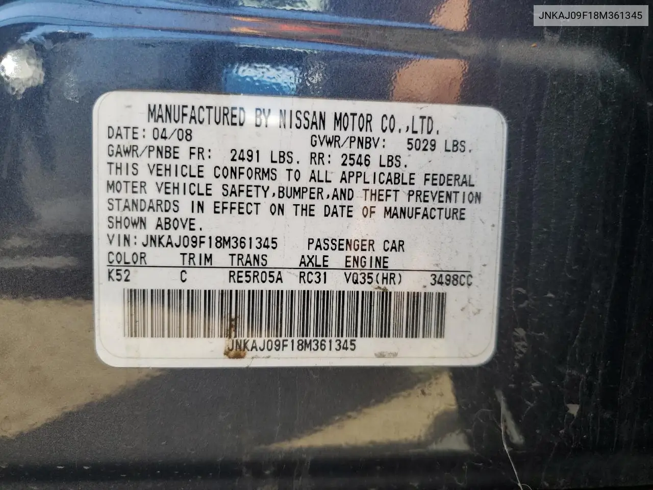2008 Infiniti Ex35 Base VIN: JNKAJ09F18M361345 Lot: 53766365