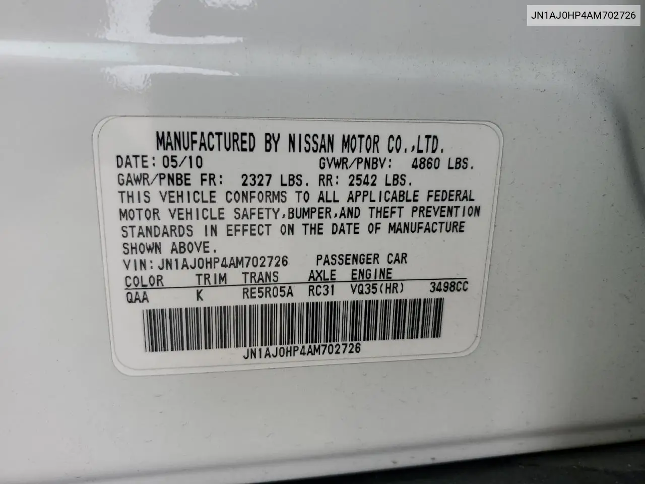2010 Infiniti Ex35 Base VIN: JN1AJ0HP4AM702726 Lot: 52411555