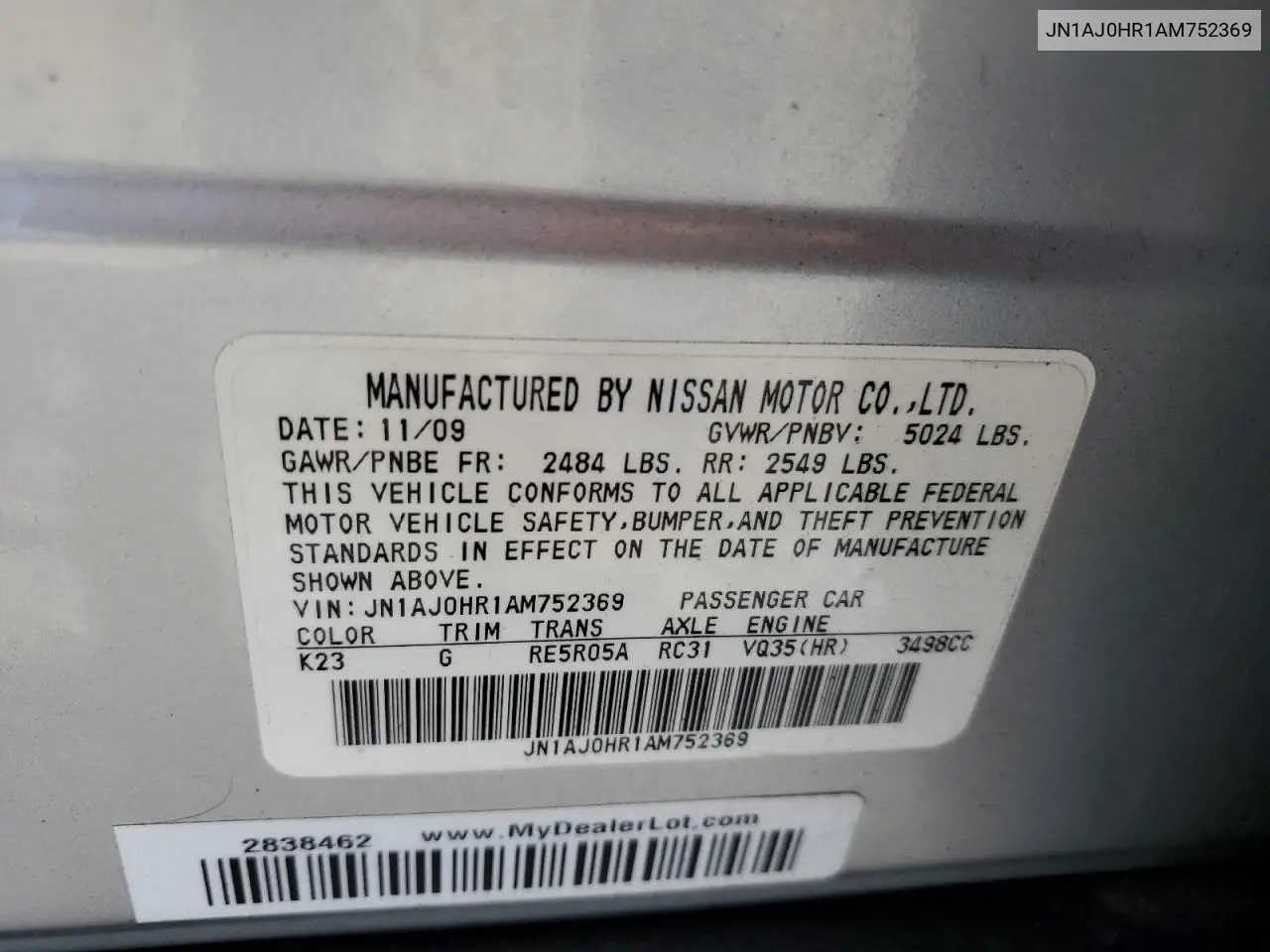 2010 Infiniti Ex35 Base VIN: JN1AJ0HR1AM752369 Lot: 60735795