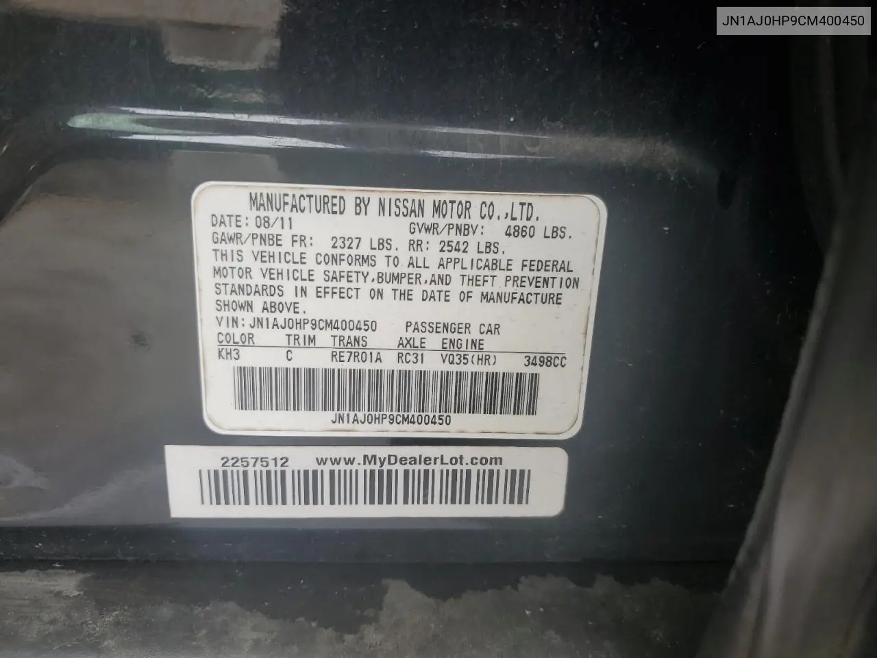 2012 Infiniti Ex35 Base VIN: JN1AJ0HP9CM400450 Lot: 61076245