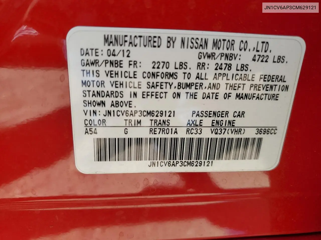 2012 Infiniti G37 Base VIN: JN1CV6AP3CM629121 Lot: 62383925