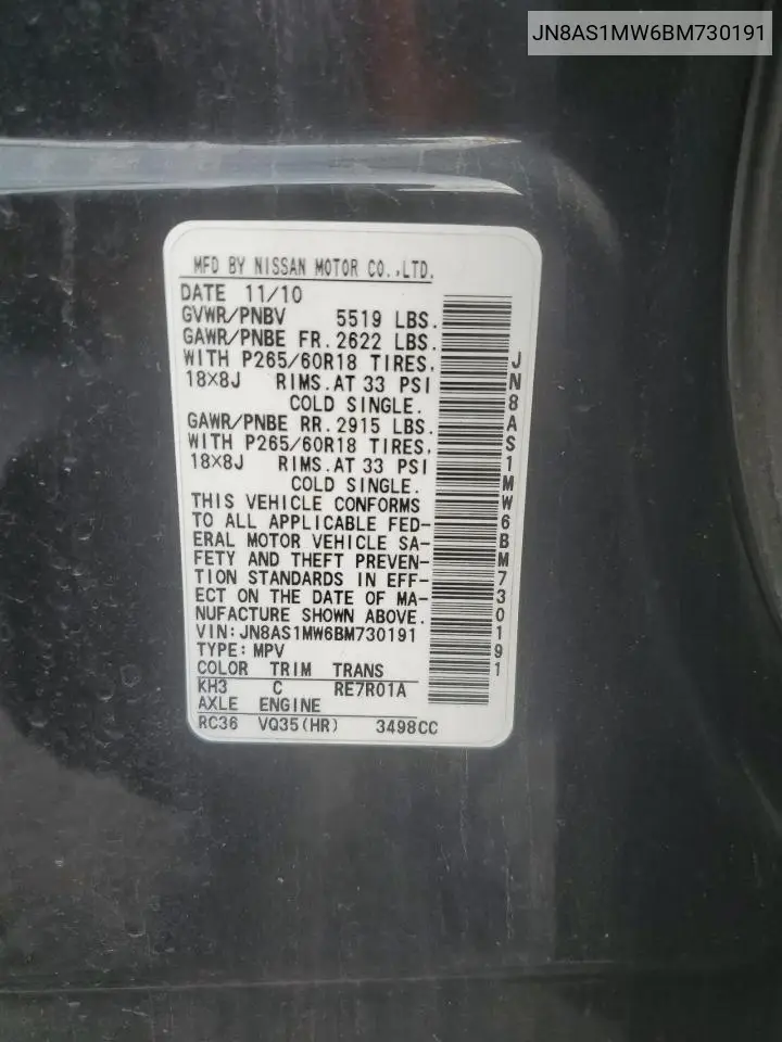 2011 Infiniti Fx35 VIN: JN8AS1MW6BM730191 Lot: 64565155