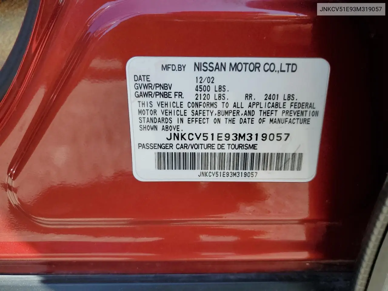 2003 Infiniti G35 VIN: JNKCV51E93M319057 Lot: 57150165