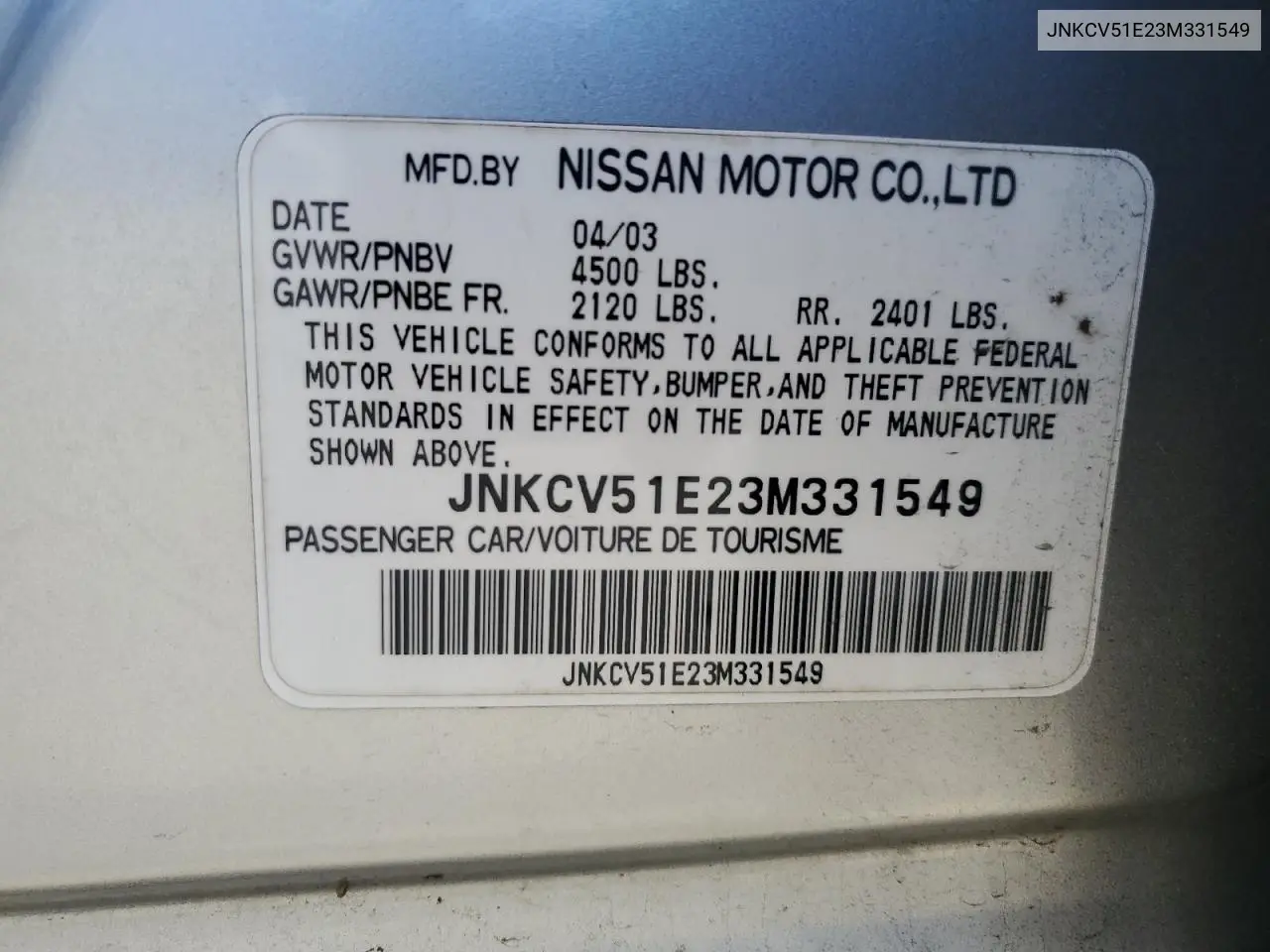 2003 Infiniti G35 VIN: JNKCV51E23M331549 Lot: 63289865