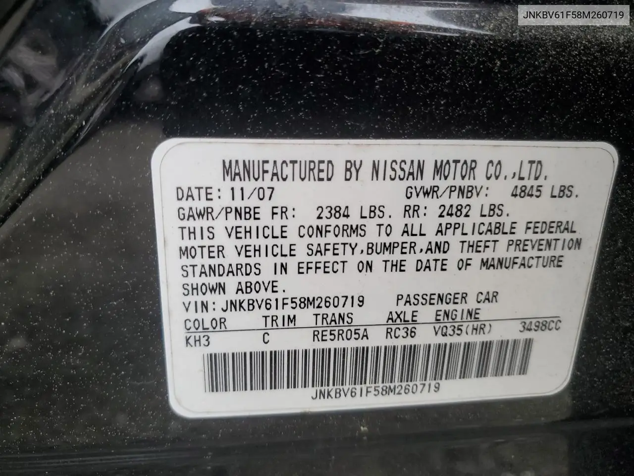 2008 Infiniti G35 VIN: JNKBV61F58M260719 Lot: 62671655